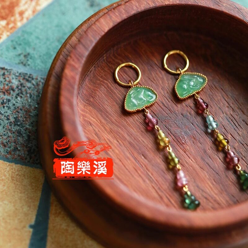 陶乐溪 新中式穿搭首饰 翡翠碧玺多宝18K金耳环耳线 【兔儿灯】