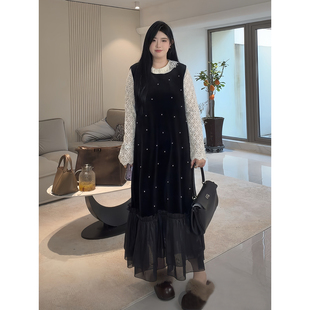 赫拉情书 大码 法式 钉珠背心裙套装 气质两件套9017 小香蕾丝衬衫