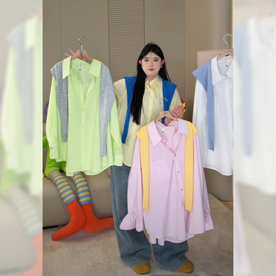 ◆多巴胺梦想◆W1488春夏款Polo领衬衫加肥宽松外搭叠穿衬衣衬衫