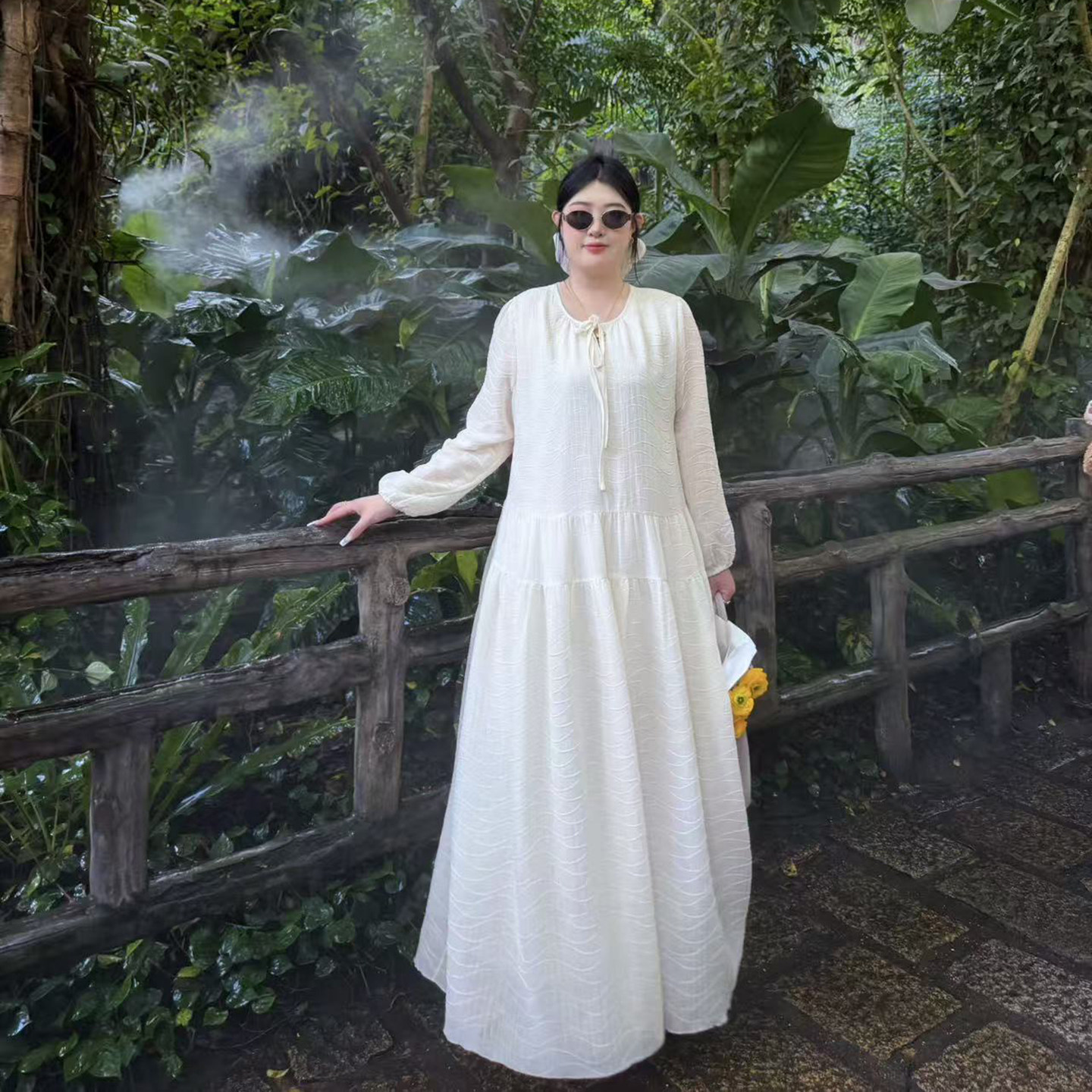 ◆轻氧腔调◆2556胖MM大码女装春款新款高腰长袖茶歇裙纯色连衣裙