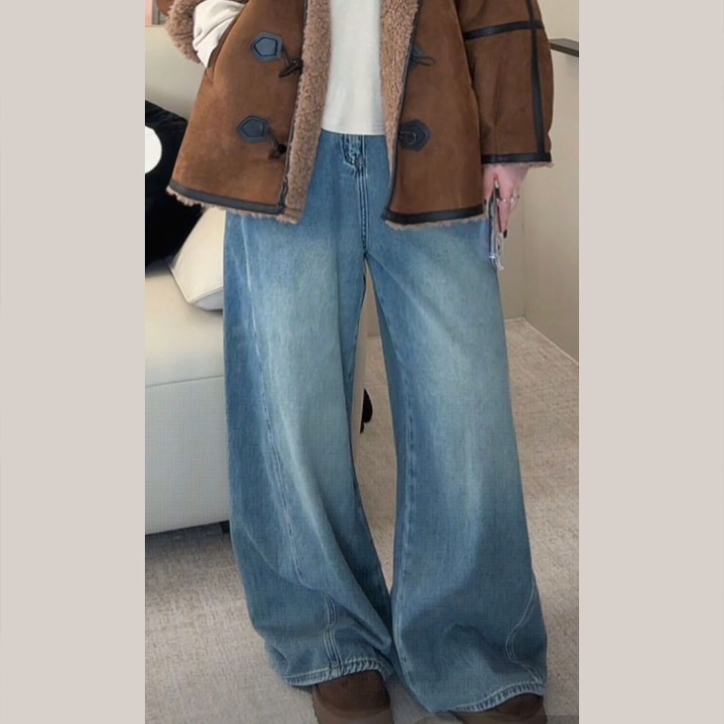 ◆显瘦神牛！长腿DNA~◆W1408胖MM加绒复古风气质拼接水洗牛仔裤