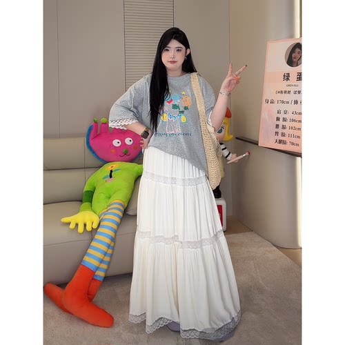 ◆光隙间奏◆新款高个子私服气质印花圆领T恤上衣蕾丝半身裙W1534