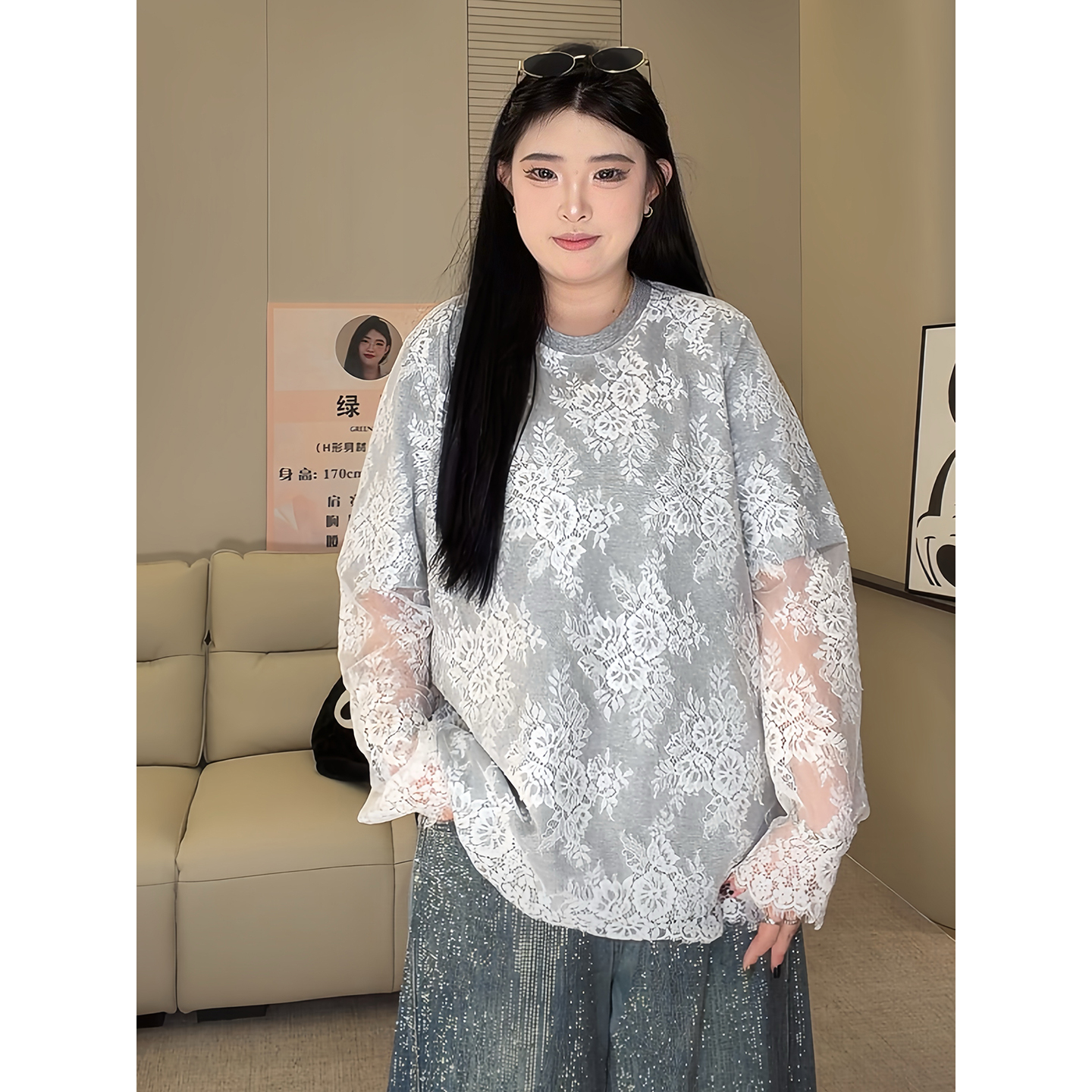 ◆安妮日记◆大码女装肉肉女孩冬蕾丝加绒内搭打底衫上衣T恤W1434