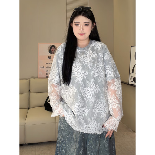 ◆安妮日记◆大码女装肉肉女孩冬蕾丝加绒内搭打底衫上衣T恤W1434