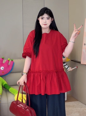 ◆心动前奏◆高个子私服夏大码女甜美拼接木耳边T恤圆领上衣W1506