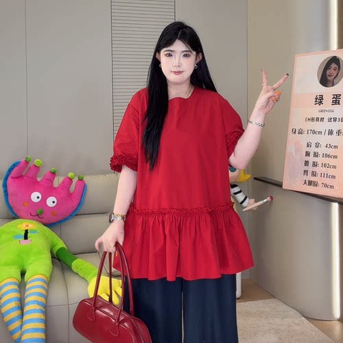 ◆心动前奏◆高个子私服夏大码女甜美拼接木耳边T恤圆领上衣W1506