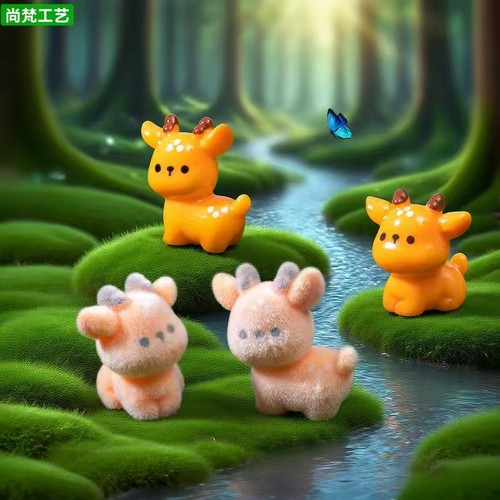 微景观卡通植绒小鹿树脂小摆件