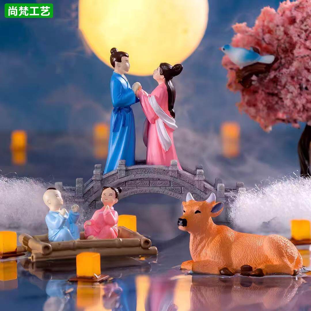 微缩迷你七夕牛郎织女鹊桥黄牛