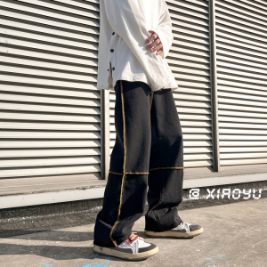春季新款宽松百搭拖地牛仔裤TY333P55控68,深蓝色牛仔外套搭配裤子男生图片