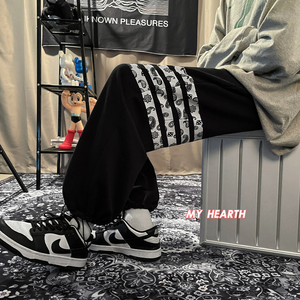 秋季宽松百搭四条杠腰果花抽绳九分卫裤 TY221 P45控58图片
