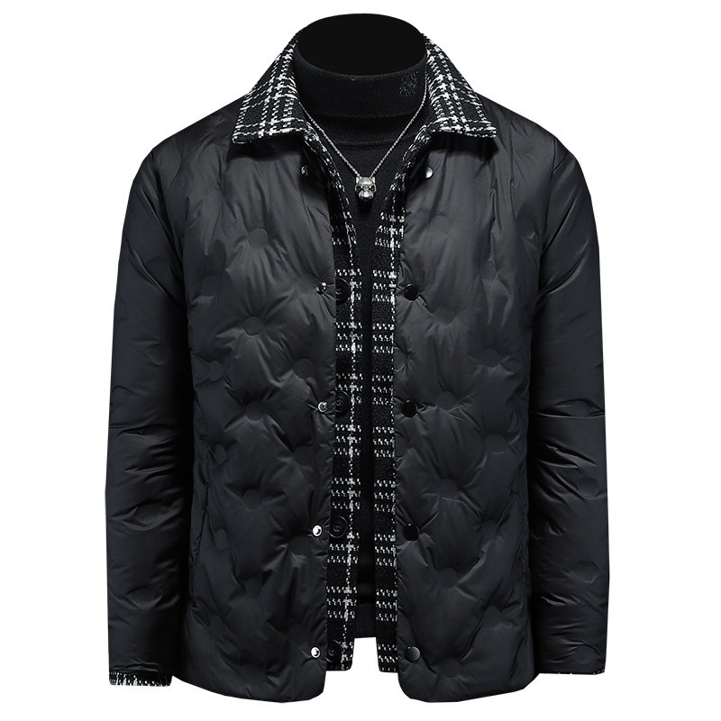 冬季新款呢料拼接假两件羽绒服男士修身质量好730/T88027/P280,男装羽绒服,钱塘730-1