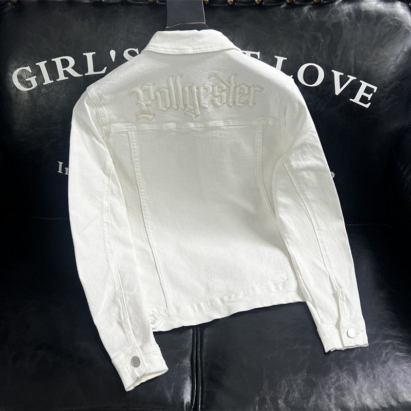 牛仔棉水洗白色牛仔外套男修身韩版高弹力牛仔衣PU刺绣D9225/P155,男装夹克,钱塘730-1
