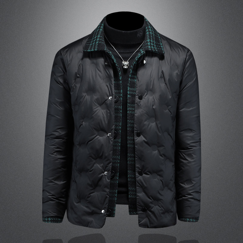 新风格冬款呢料拼接假两件羽绒服男士修身质量好730/T88027/P280,男装羽绒服,钱塘730-1