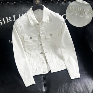 牛仔棉水洗白色牛仔外套男修身韩版高弹力牛仔衣PU刺绣D9225/P155图片