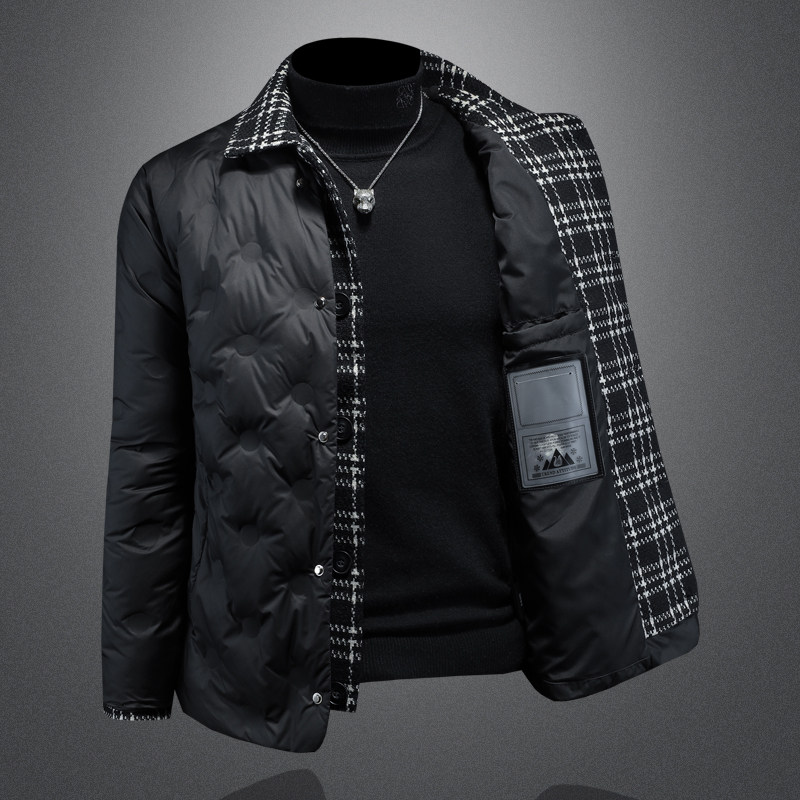 新风格冬款呢料拼接假两件羽绒服男士修身质量好730/T88027/P280,男装羽绒服,钱塘730-1