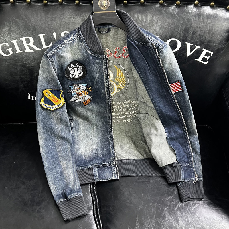 秋徽章棒球领刺绣牛仔服休闲修身牛仔外套男士H206209/P220沙发,男装夹克,钱塘730-1