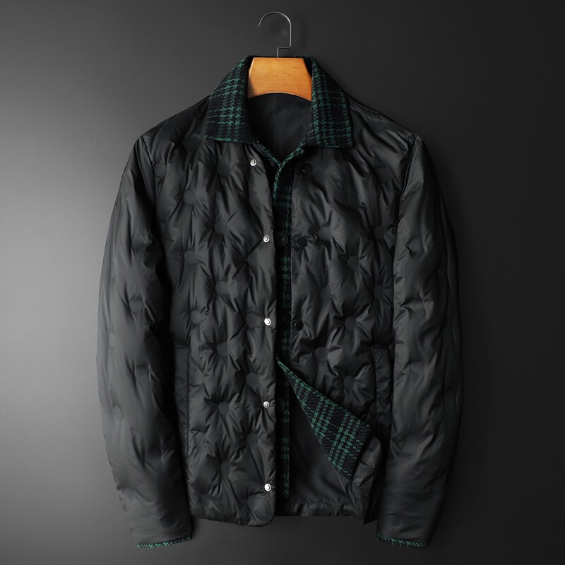 新风格冬新款呢料拼接假两件羽绒服男士修身好T88027/P280,男装羽绒服,钱塘730-1