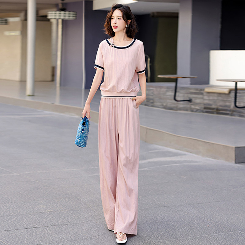 欧货休闲运动套装女夏季新款简约圆领拼接短袖宽松阔腿长裤两件套