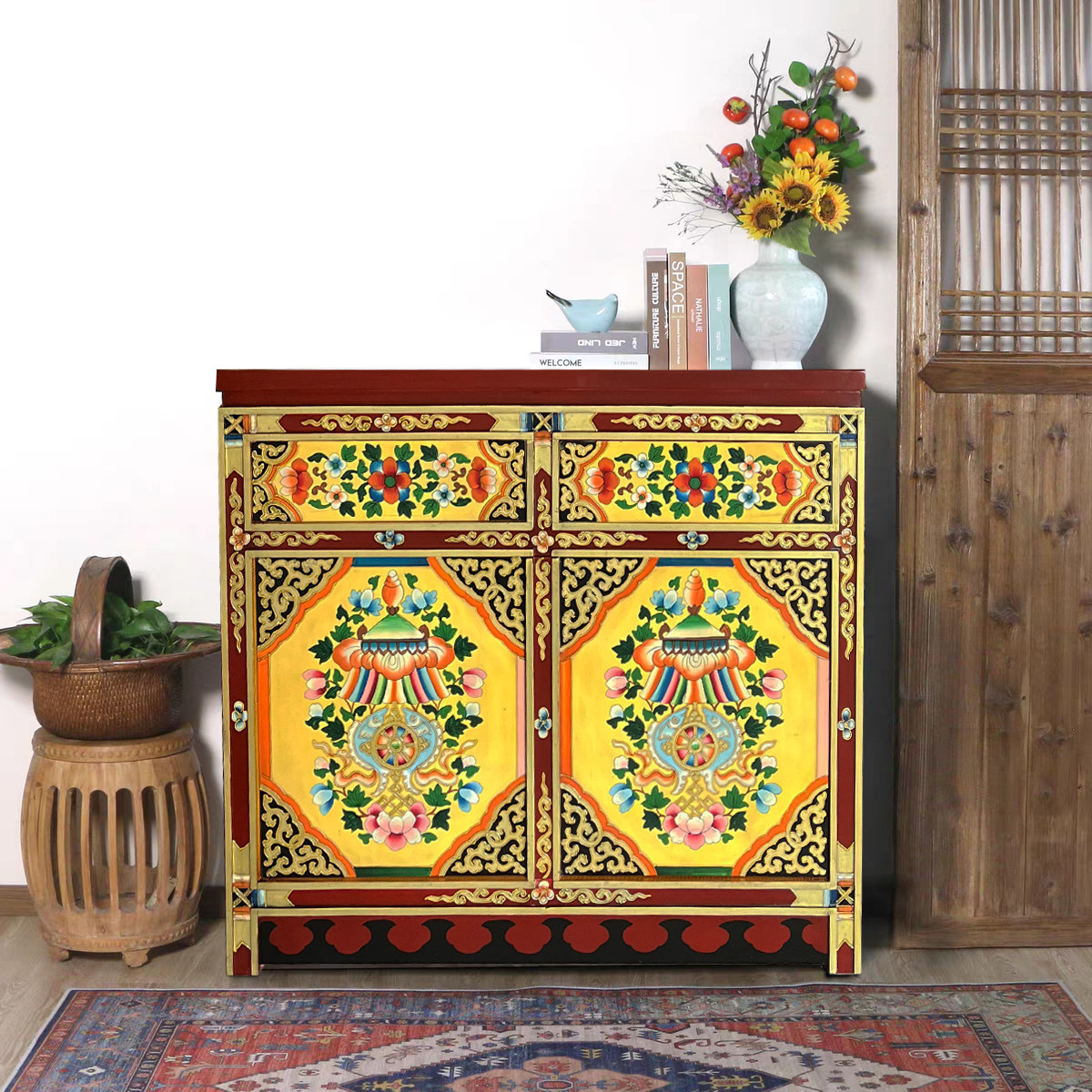 藏式彩绘家具中式实木餐边柜可定制储物柜手绘客厅门厅玄关摆件柜