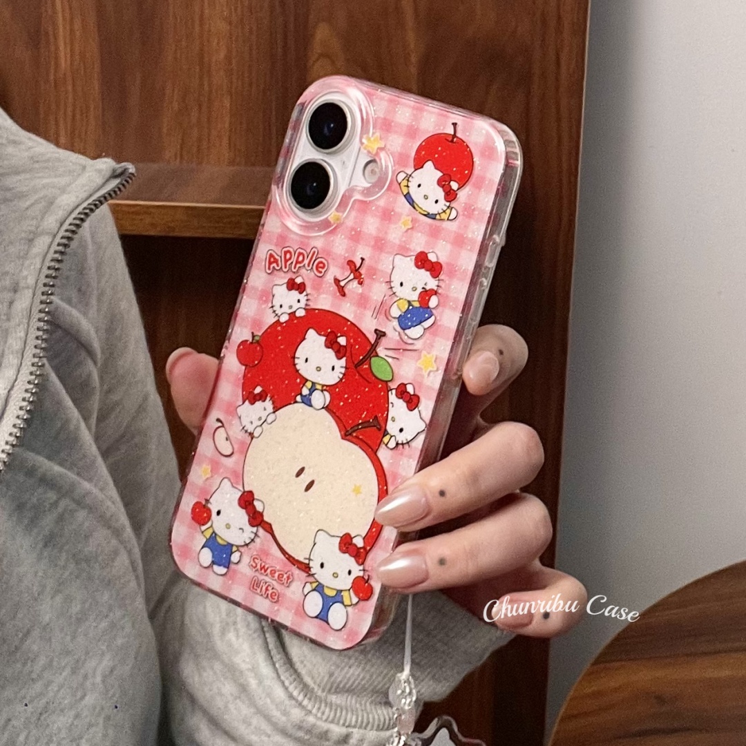 日韩可爱卡通红格纹苹果hellokitty适用苹果16闪粉手机壳带挂绳韩系ins超火iphone15promax14/13小众保护套