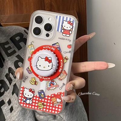 春日部防卫队Fighting｜可爱卡通格纹hellokitty零食适用苹果16promax手机壳肤感磁吸瓶盖支架iphone15/14/13