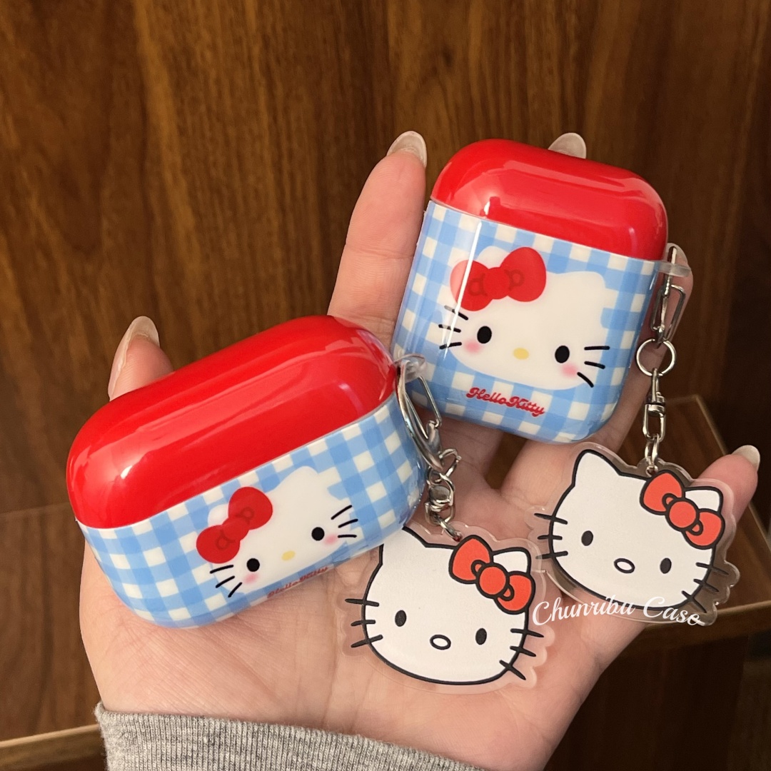春日部防卫队Fighting｜可爱卡通撞色红蓝白格纹hellokitty适用苹果airpods1/2/3/4无线蓝牙耳机保护套pro二