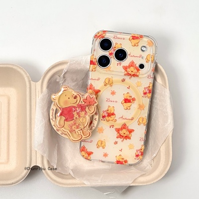 春日部防卫队Fighting｜日韩ins风趣味可爱卡通枫叶维尼熊适用苹果17/16promax手机壳磁吸支架iphone15/14/13