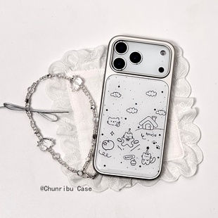 春日部防卫队Fighting｜日韩可爱卡通电镀水凝白底简笔画天使猫咪适用苹果17/16promax手机壳iphone15/14/13