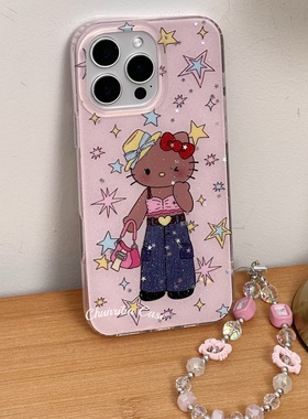 春日部防卫队Fighting｜可爱卡通辣妹原宿风星星黑皮kitty适用苹果16promax手机壳挂绳日韩iphone15/14/13