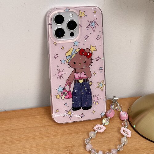 春日部防卫队Fighting｜可爱卡通辣妹原宿风星星黑皮kt猫适用苹果16promax手机壳挂绳日韩iphone15/14/13