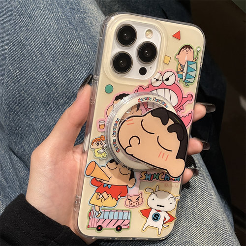 日韩可爱卡通创意小新吹喇叭嘟嘟嘴支架适用苹果16手机壳磁吸15/14无线充电iphone13promax双面覆膜12/11防摔