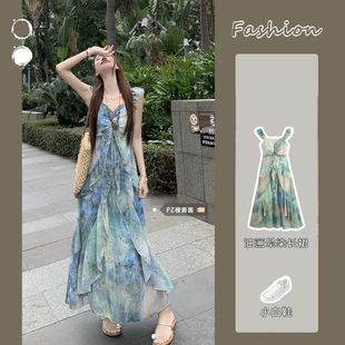 甜美度假风亮片设计感晕染吊带裙春夏季 油画风连衣裙长裙 新款 女装