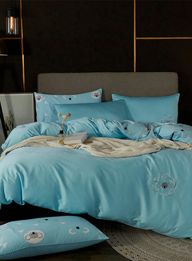 外贸工厂冰蓝色考拉长绒棉 床笠款源自然 60支纯棉缎纹刺绣四件套