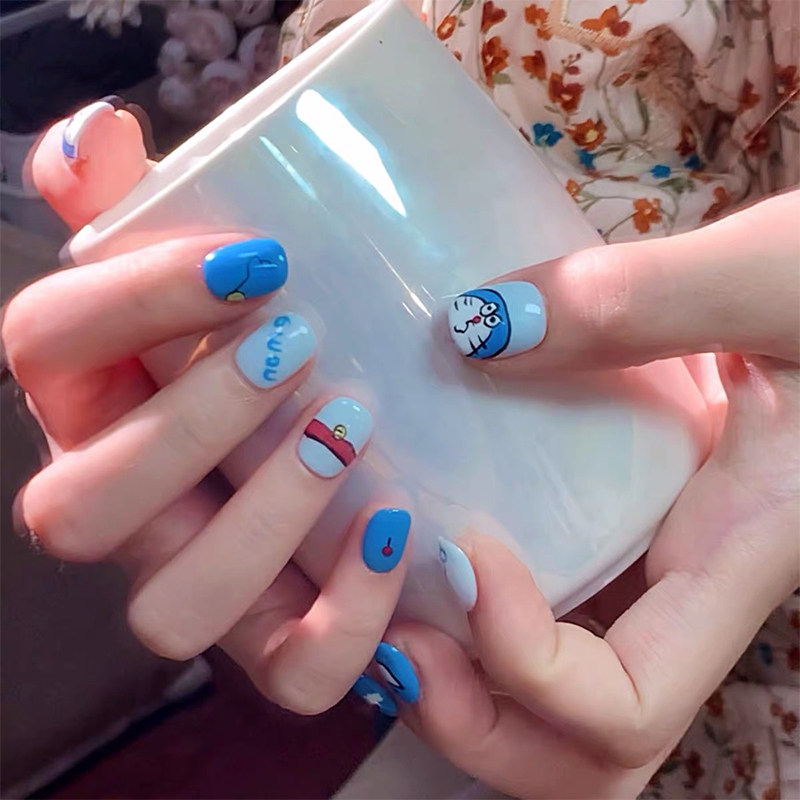 纯手工哆啦a梦卡通手绘短款可拆卸美甲片学生可爱机器猫穿戴甲