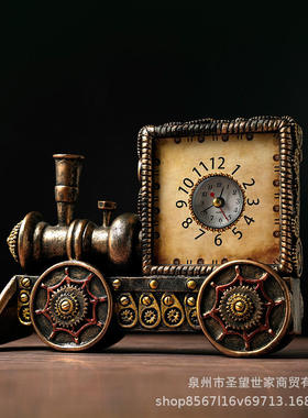 创意火车头做旧时钟仿古树脂模型摆件家居酒吧咖啡厅礼品装饰道具