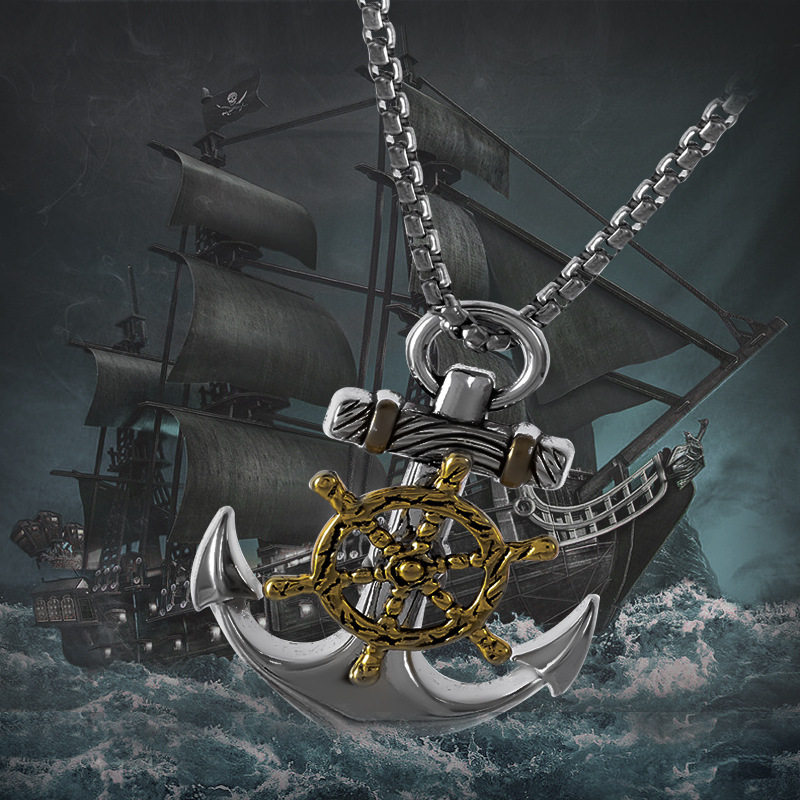 Vintage Pirate Anchor Ship Rudder Pendant Necklace Mens Sail