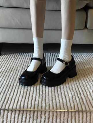 黑色法式粗跟厚底小皮鞋女2025春秋季新款日系jk增高玛丽珍单鞋子