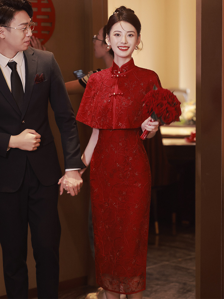 Cheongsam, evening dress, red cloak, wedding dress, skirt, set, Chinese style