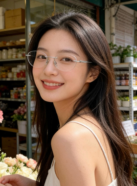 明月PMC/康耐特无框纯钛近视眼镜猫眼小框51时尚女士防蓝光光学镜