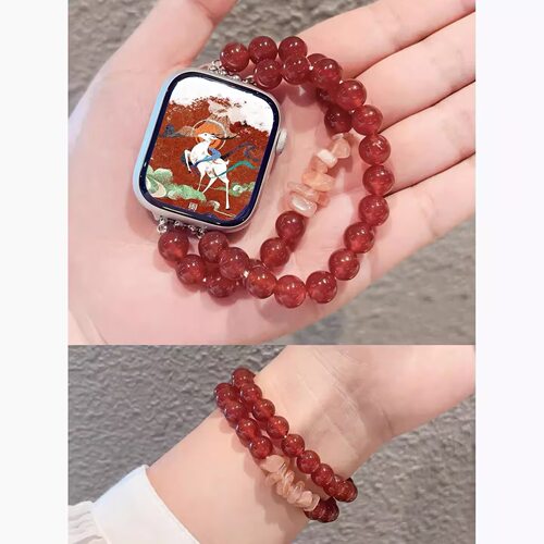 新年红天然玛瑙串珠表带 适用苹果手表S10applewatchSE通用S9 GT5