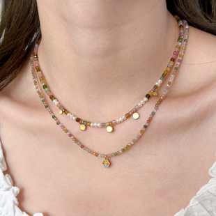 VividEon天然碧玺彩色串珠项链女多巴胺锁骨链小花珍珠项链s925银