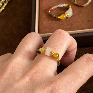 天然金虎眼石手工戒指女弹力绳串珠戒指秋冬复古戒指氛围感S925银