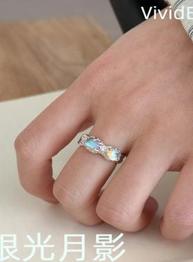 月光石镶嵌可调节s925银开口戒