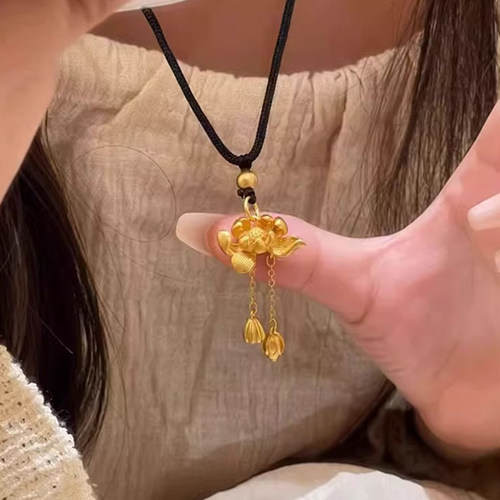 古法女999金包银两世欢荷花吊坠