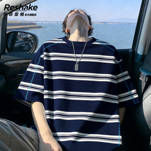 华菲型格复古条纹短袖t恤上衣男