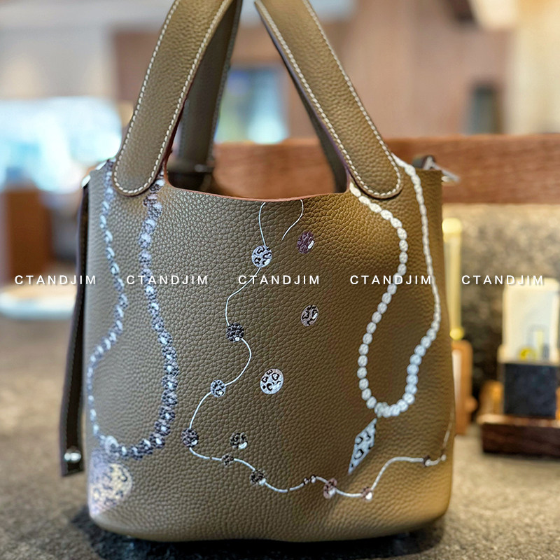 CTANDJIM彩绘链条珍珠大象灰菜篮子水桶包 斜挎包