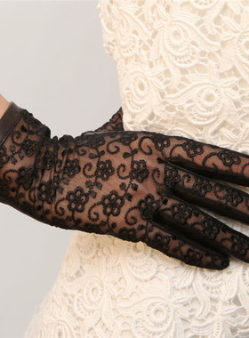 ELMA春夏女士真皮手套羊皮蕾丝全指单皮触屏手套L023