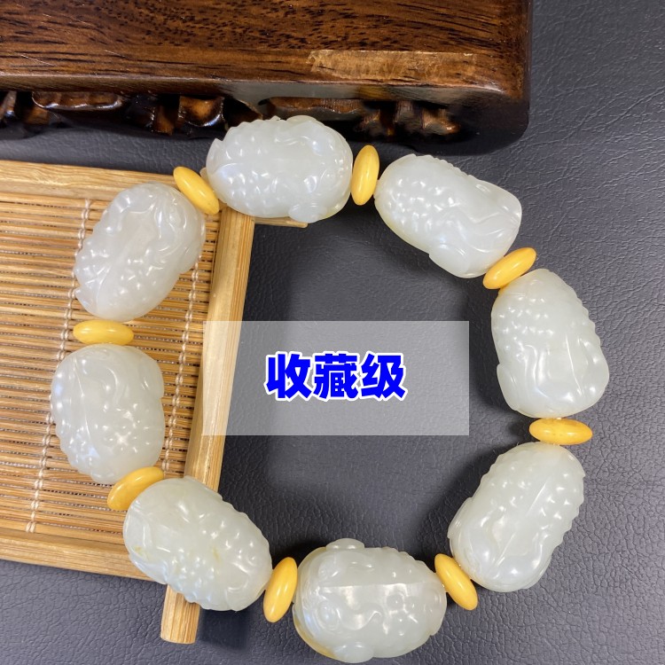 收藏级天然正品新疆和田玉白玉籽料黄沁男款手链金蟾手饰苏工手串