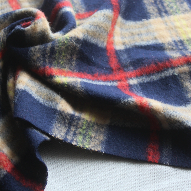 新品羊毛羊绒混纺红蓝咖色织大格纹单面绒加厚秋冬服装面料1米价