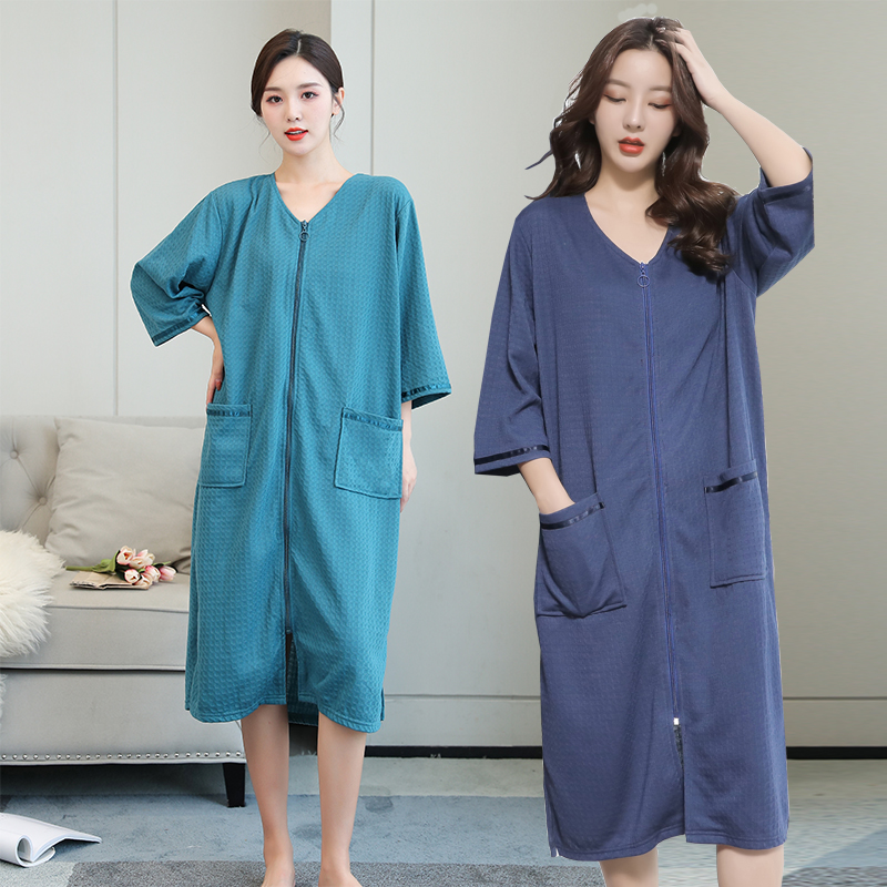 睡衣女士夏天薄款连体家居服可出门拉链浴袍吸水亲肤浴衣女汗蒸服